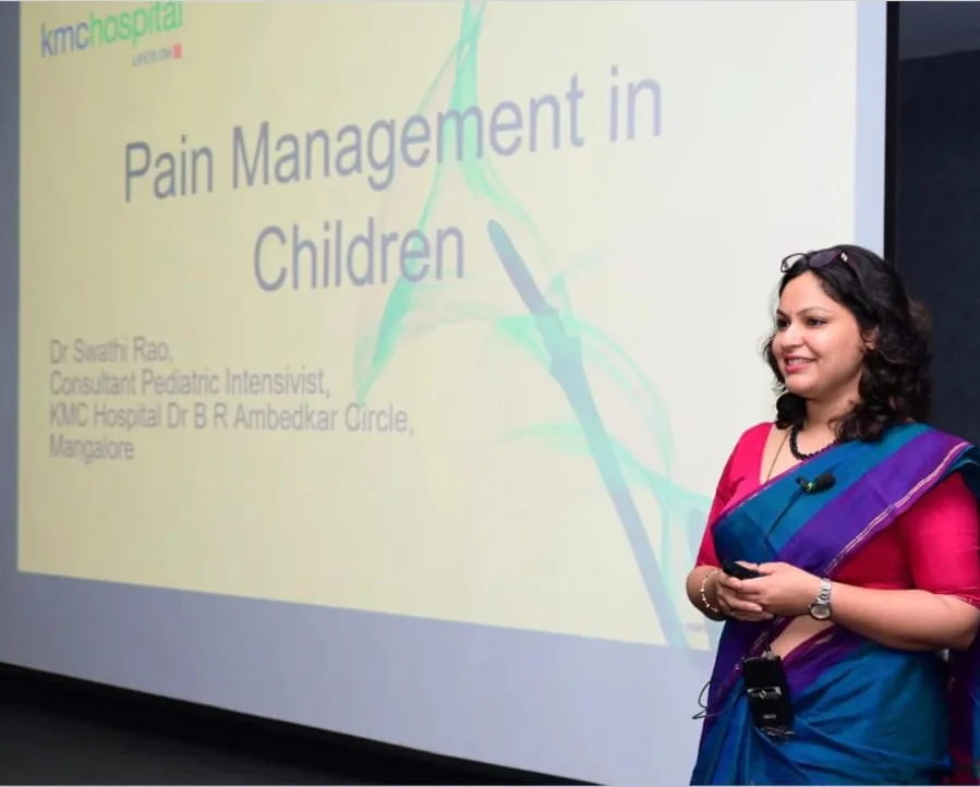 Dr. Swathi Rao presenting a lecture titled Pain Management in Children